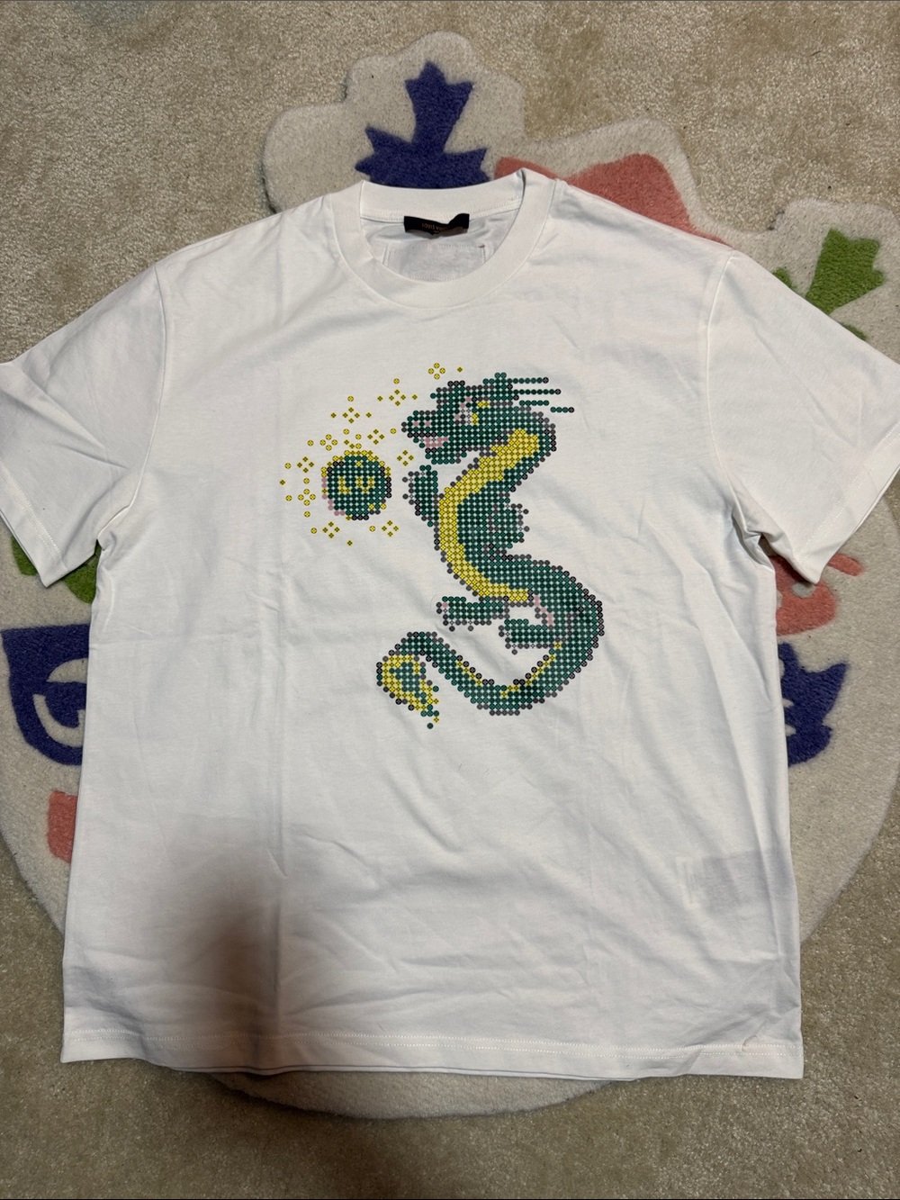 Louis Vuitton White Tee with Green & Yellow Pixel Dragon